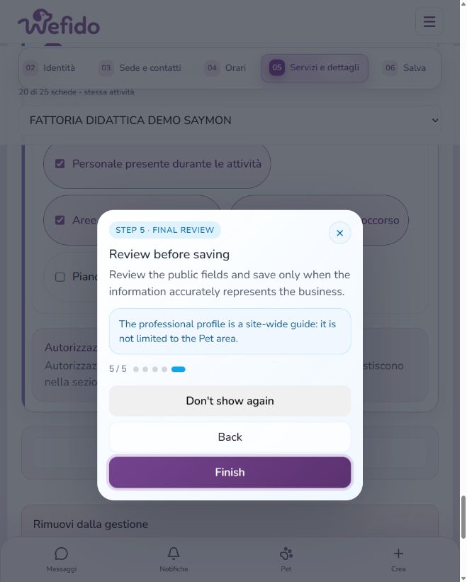 Create a professional profile on Wefido: Review and save the public information